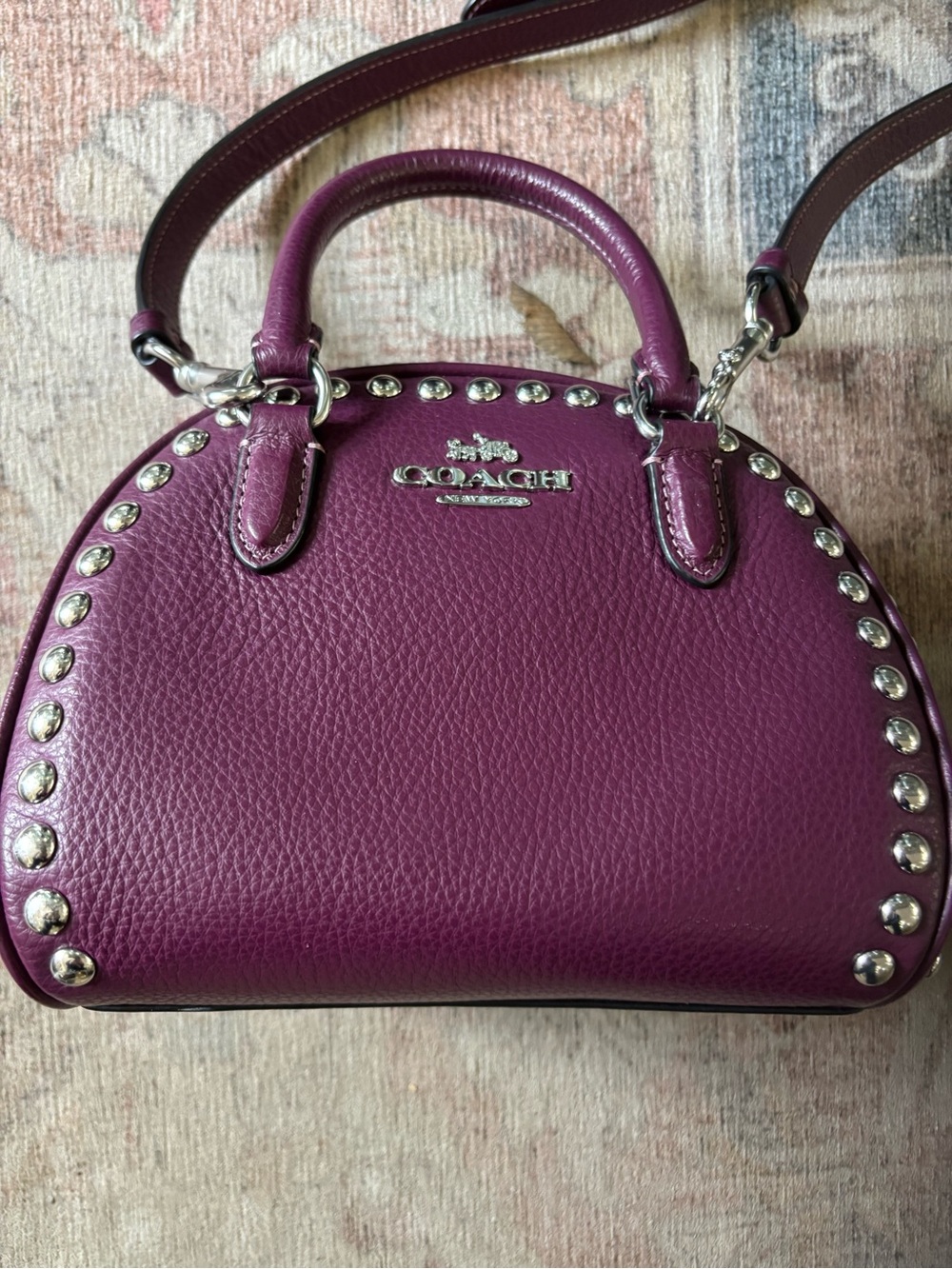 Coach Pebbled Leather Studded Mini Satchel - Plum/Magenta